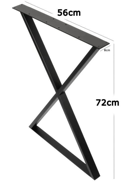 Tafelpoot zwart metaal - X vorm - 72cm hoog - afmetingen