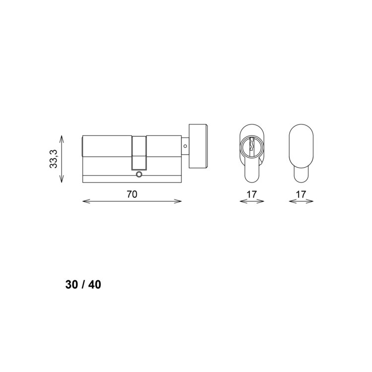 Knopcilinder zwart 30/40 - incl. 4 sleutels